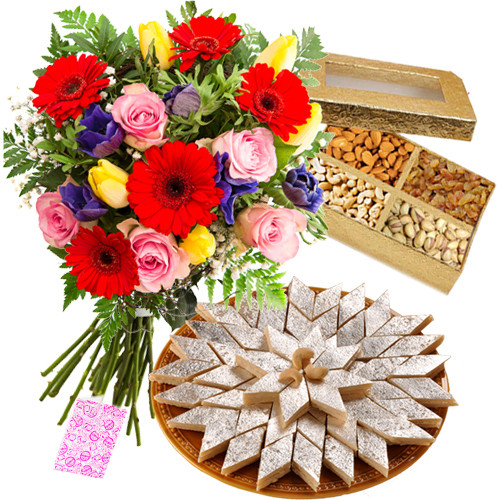 Mystical Combo - Bouquet Of 15 Mix Seasonal Flowers + Assorted Dry Fruits Box 200 Gms + Kaju Katli 250 Gms + Card
