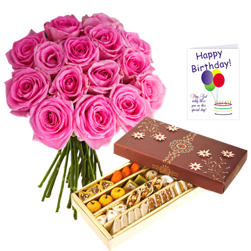 Astonishing Duo - 12 Pink Roses In A Bouquet + 500 Gms Assorted Sweets Box + Card