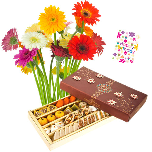 Sensational - Bouquet Of 15 Multi Color Gerberas + 500 Gms Assorted Sweets Box + Card