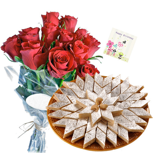 Breathtaking Gift - Bouquet 25 Red Roses + Kaju Katli Sweet Box 250 Gms  + Card