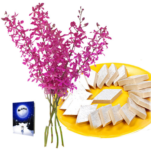 Stupendous Gift - Bouquet 10 Orchid + Kaju Katli Box 250 Gms + Card