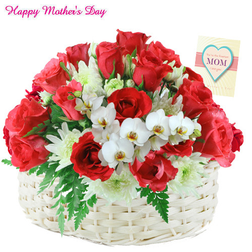 Lovely Flowers - 30 Red Roses and White Glads in Basket and Card