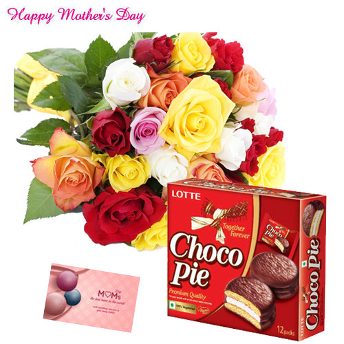 15 Mix Roses Bouquet, Chocopie 330 gms and Card