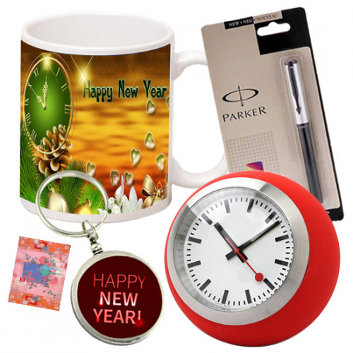 New Year Time - Happy New Year Key Chain, Mug, Table Watch, Parker Pen & Card