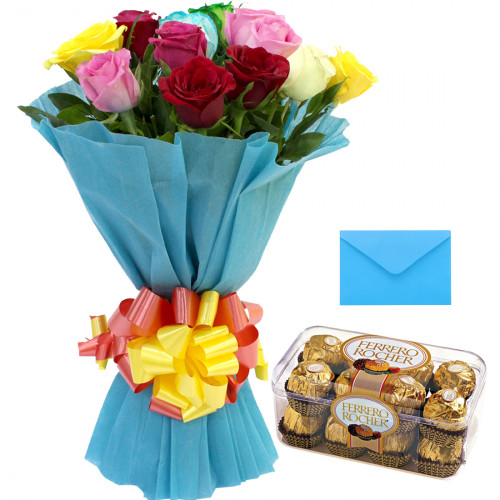 Prime Gift - 12 Mixed Roses Bunch + Ferrero Rocher 16 Pcs  + Card