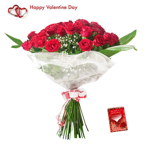 Valentine Blushing - 75 Red Roses Bunch + Card
