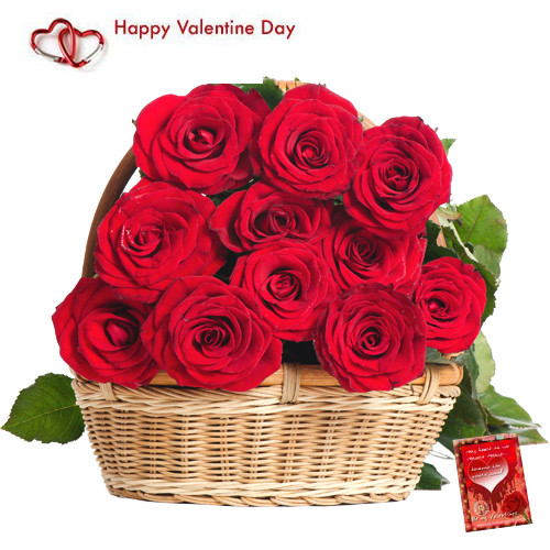 Valentine Basket of Roses - 15 Red Roses Basket + Card