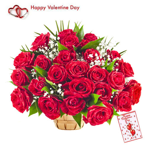 Valentine Love - 25 Red Roses Basket + Card