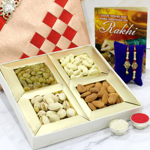 Rakhi Sentiments - Assorted Dry Fruits Box with Bhaiya Bhabhi Rakhi Pair and Roli-Chawal