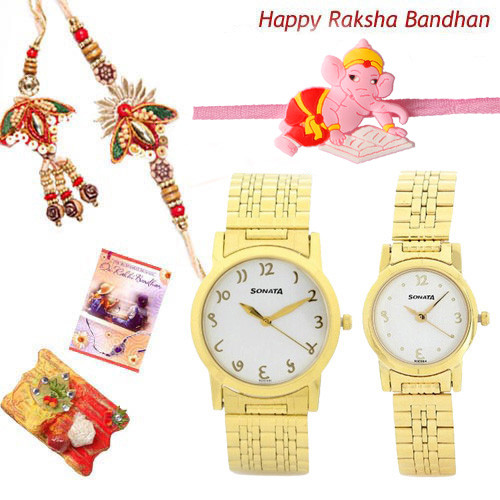 Bandhan Hamper - Sonata Bandhan Watch Yellow Dial Gold Strap with Kids Rakhi + Bhaiya Bhabhi Rakhi Pair and Roli-Chawal