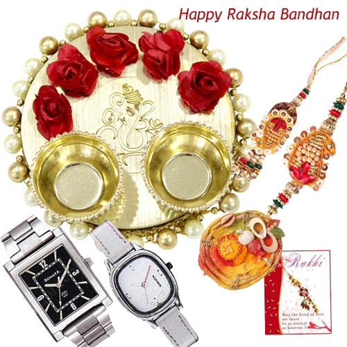 Watches with Thali - Sonata Watch Black Dial + Sonata watch White Dial Gray Strap + Elegant Ganesh Thali with Flowers & Pearls with Bhaiya Bhabhi Rakhi Pair and Roli-Chawal