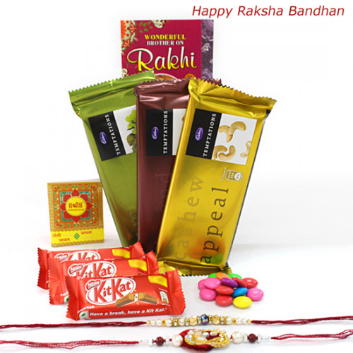 Rakhi Delight - Temptations Bars 3 pcs, 3 Kitkat , 1 Gems with 2 Rakhi and Roli-Chawal