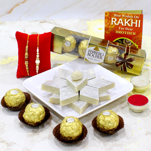 Tasty Gift - Ferrero Rocher 4 pcs, Kaju Katli 250 gms, 2 Rakhi, Free Greeting Card & Roli-Chawal