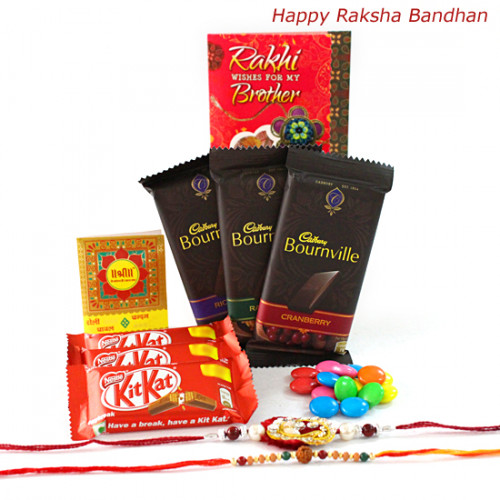 Chocolate Sensations - Cadbury Bournville 3 pcs, 3 Kitkat, 1 Gems with 2 Rakhi and Roli-Chawal