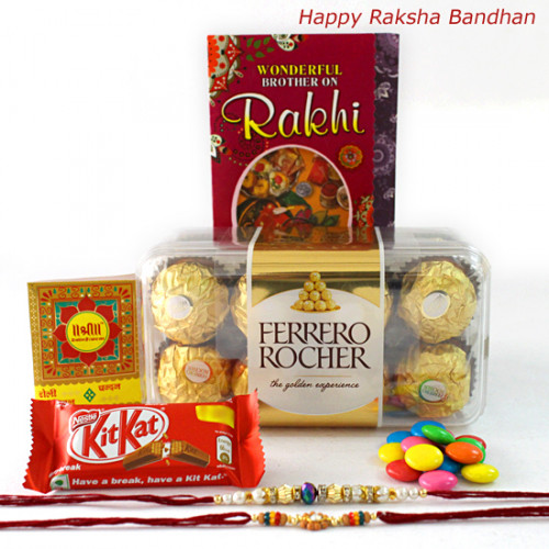 Delightful Hamper - Ferrero Rocher 16 pcs, 1 Kitkat, 1 Gems with 2 Rakhi and Roli-Chawal