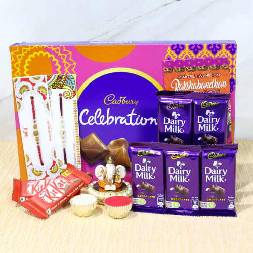 Choco Surprise - Celebrations, 5 Dairy Milk, 2 Kitkat, Ganesh Idol with 2 Rakhi and Roli-Chawal