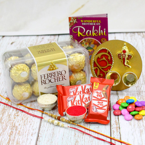 Sweet Choco Thali - Artistic Ganesha Thali with Golden Base, Ferrero Rocher 16 pcs, 3 Kitkat, 1 Gems, 2 Rakhi, Free Greeting Card & Roli-Chawal