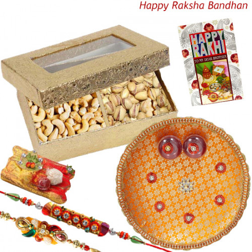 Dryfruit Delights - Cashew, Pista, Puja Thali (O) with 2 Rakhi and Roli-Chawal