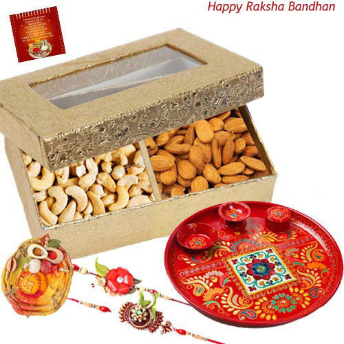 Artistic Tray - Cashewnut, Almonds, Meenakari Thali 6 inch with 2 Rakhi and Roli-Chawal