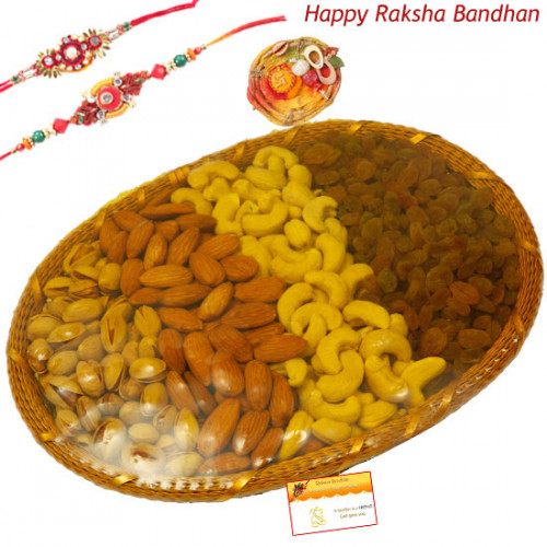 Rich Treat Basket - Assorted Dry Fruits Basket 500 gms with 2 Rakhi and Roli-Chawal