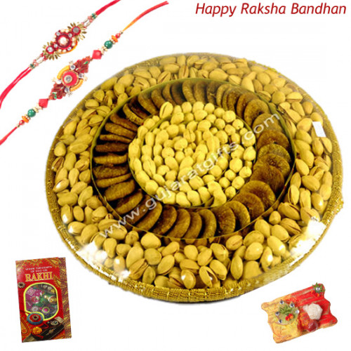 Grand Rakhi Assortment - Assorted Dry Fruits Basket 1 kg with 2 Rakhi and Roli-Chawal