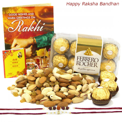 Assorted Wonder - Assorted Dry Fruits, Ferrero Rocher 16 Pcs with 2 Rakhi and Roli-Chawal