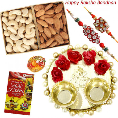 Cashew with Almonds Thali - Cashew & Almonds, Elegant Ganesh Thali with Flowers & Pearls with 2 Rakhi and Roli-Chawal