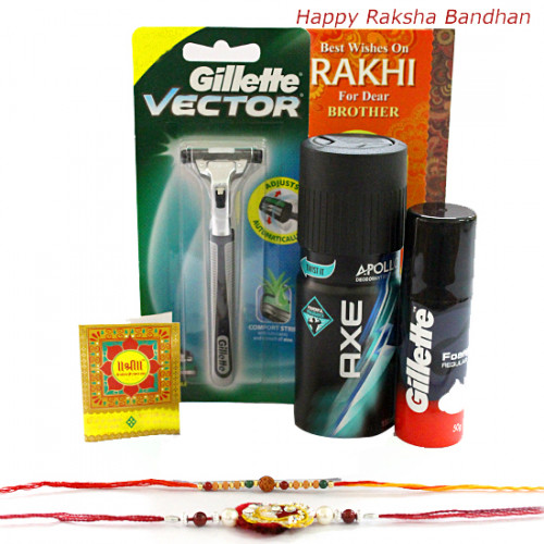 Perfect Hamper - Gillette Foam, Gillette Razor, Axe Deo with 2 Rakhi and Roli-Chawal