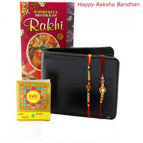 Elegance Personified Gift - Leather Men's Wallet with 2 Rakhi and Roli-Chawal