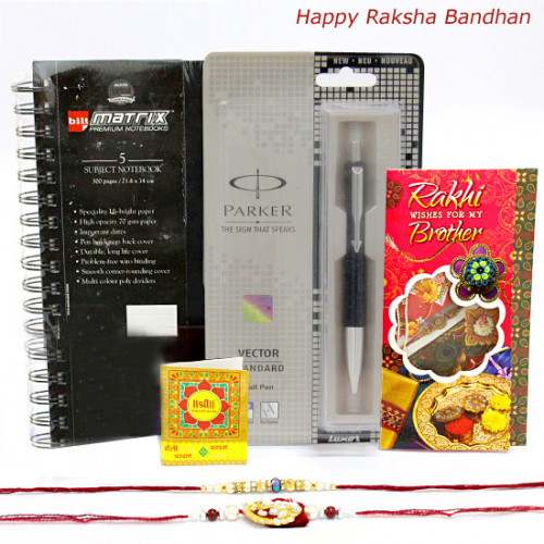Parker Hamper - Parker Vector Standard Ball Pen, Bilt Matrix Dairy with 2 Rakhi and Roli-Chawal