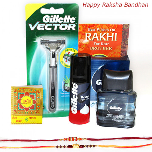 Perfect Menz Hamper - Gillette Razor, Foam, Aftershave with 2 Rakhi and Roli-Chawal