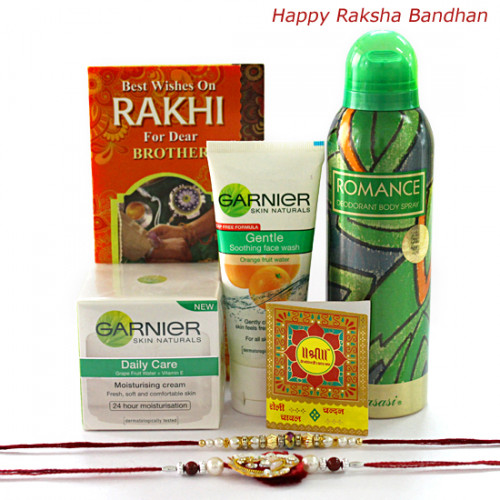 Perfect Gift Set - Garnier Face Wash, Moisturizer, Rassasi Deo with 2 Rakhi and Roli-Chawal