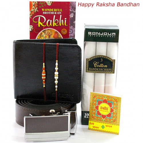 All for Brother - Black Leather Wallet + Brown Leather Belt + Bonjour Set of 3 Cotton Hankerchiefs with 2 Rakhi and Roli-Chawal