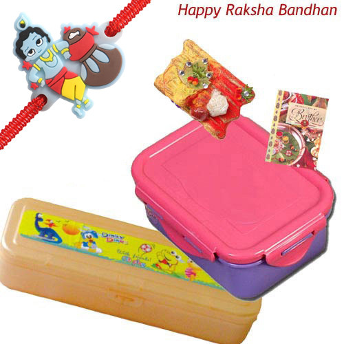 For School - Tiffin Box + Pencil box with 1 Cute Krishna Rakhi and Roli-Chawal