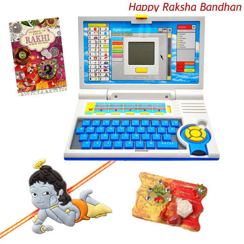 Fun & Learn - English Learner Laptop with 1 Natkhat Krishna Rakhi and Roli-Chawal