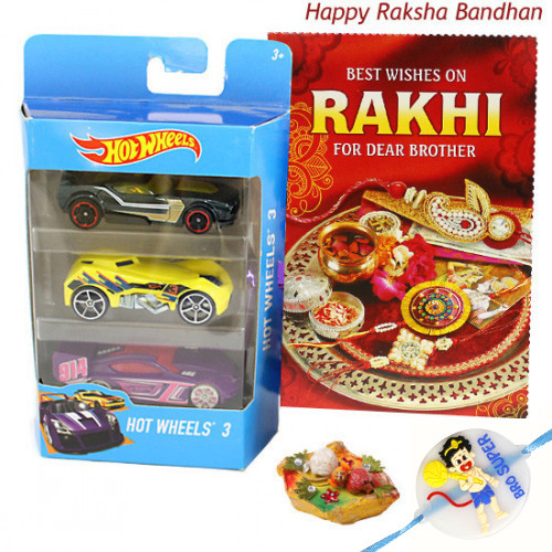 Hotwheels Delight - Hotwheels set of 3 Cars with 1 Cute Krishna Rakhi and Roli-Chawal
