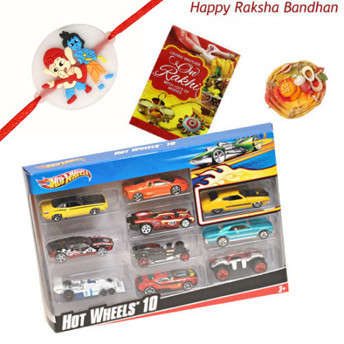 Kids Love Hamper - Hotwheels set of 10 Cars with 1 Natkhat Krishna Rakhi and Roli-Chawal
