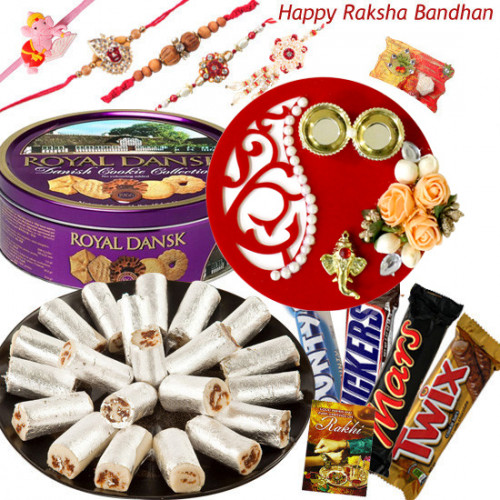 All for Brother - Kaju Anjir Roll 500 gms, Danish Butter Cookies 454 gms, Snickers, Mars, Twix, Bounty, Fancy Ganesha Thali with Flowers & Perals - 4.5 inch with Set of 5 Rakhis(1 Sandalwood, 1 Auspicious, 1 Pearl, 1 Kids Rakhi and 1 Lumba Rakhi) and Roli