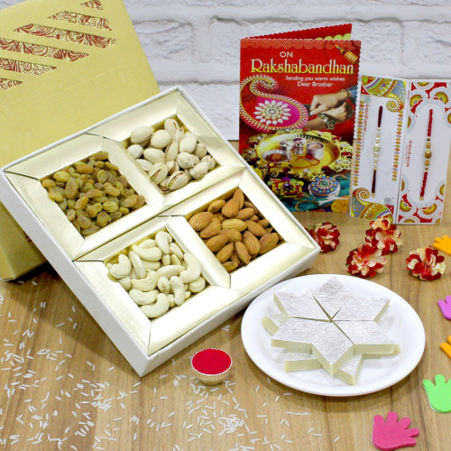 Tasty Sweets Arrangement - Kaju Katli, Assorted Dry Fruits 200 gms with 2 Rakhi and Roli-Chawal