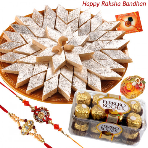Sweet Delight - Kaju Katli, Ferrero Rocher 16 pcs with 2 Rakhi and Roli-Chawal