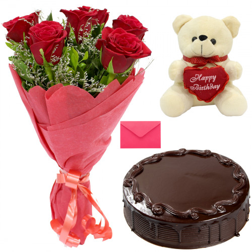 Red Cake Teddy - 8 Red Roses Bunch, Teddy 6 inch, Chocolate Cake 1/2 kg + Card