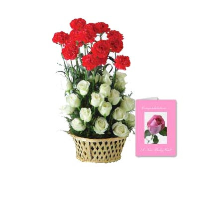 Red & White Carnations - 15 White Roses &15 Red Carnations Basket + Card