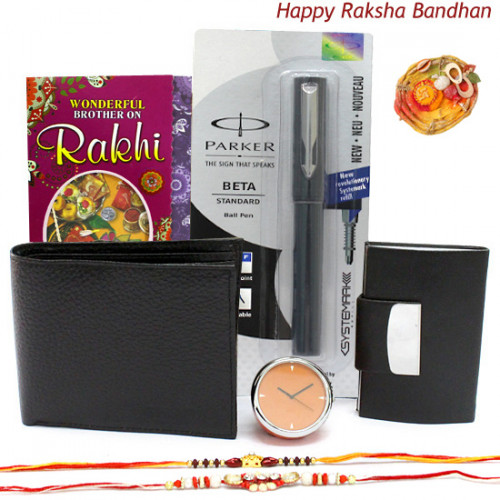 To Brother - Leather Black Wallet, Table Clock, Parker Beta Standard Ball Pen, Visiting Card Holder with 2 Rakhi and Roli-Chawal