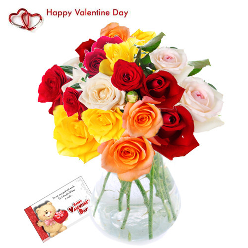Lovely Flowers - 24 Assorted Roses in Vase + Card