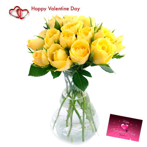 Adorable Gift - 15 Yellow Roses in Vase + Card