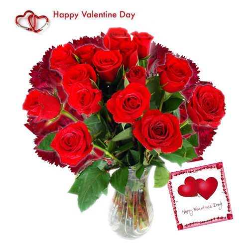 Mixed Emotions - 10 Red Roses & 10 Carnations in Vase + Card