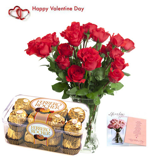 Yours Forever - 12 Red Roses in Vase + Ferrero Rocher 16 pcs + Card