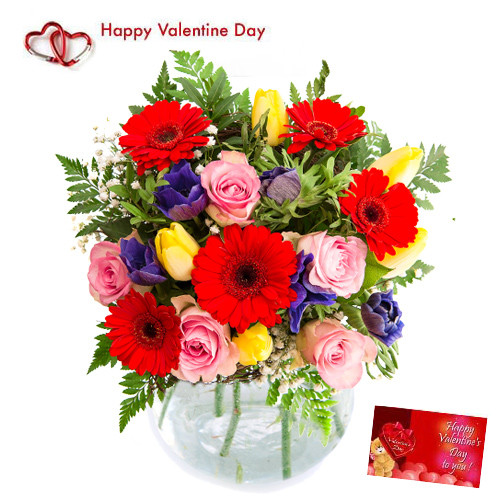 Wonderful Gift - 30 Assorted Flowers in Vase + Card