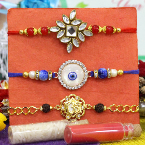 Set of 3 Rakhis - Golden Plated with American Diamond and Fancy Rakhis