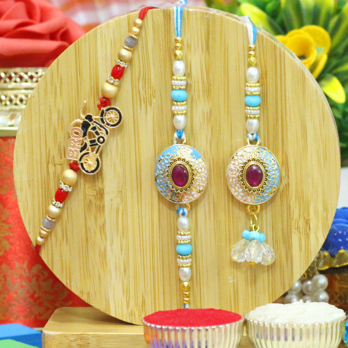 Set of 3 Rakhis - Bhaiya Bhabhi Pair with Kids Rakhi